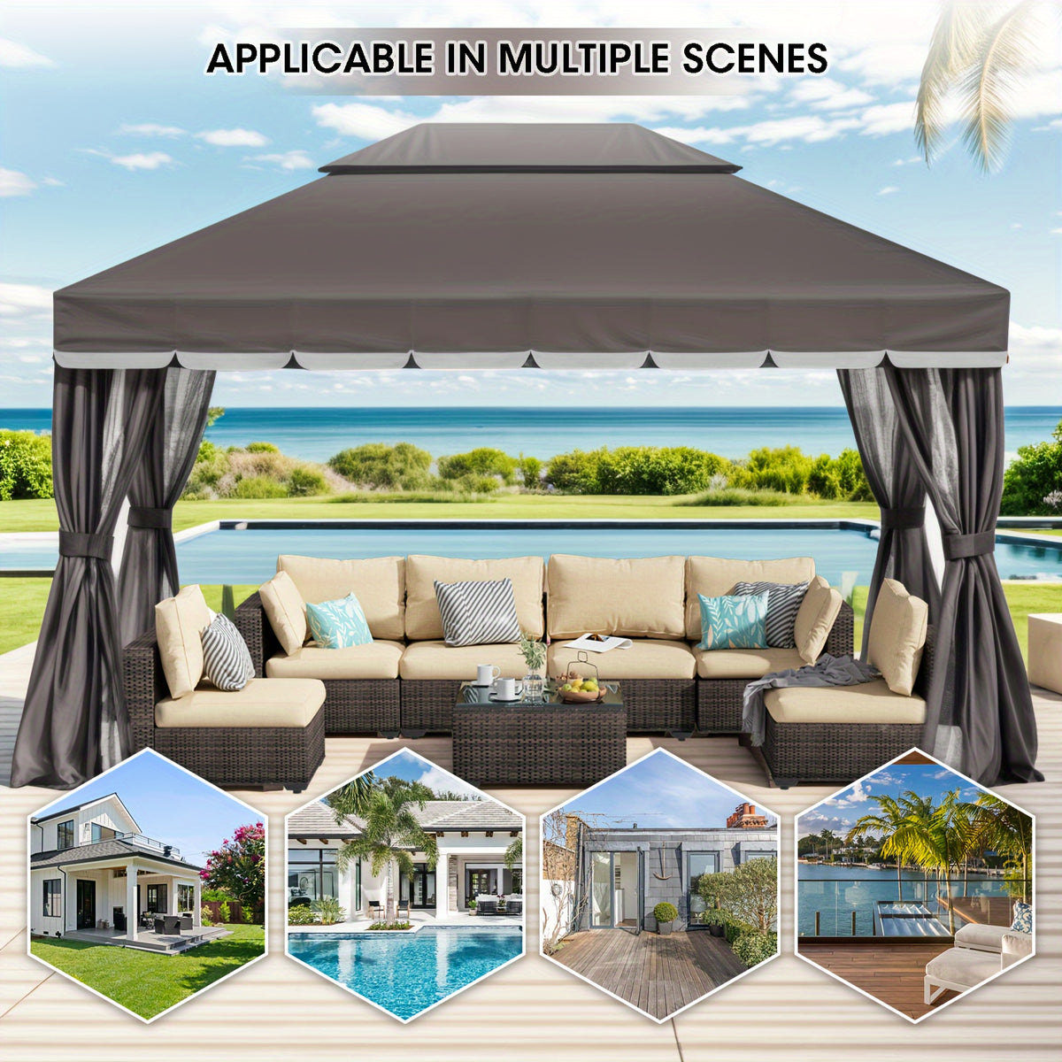 10'x13' Heavy-Duty Outdoor Patio Gazebo with Double Roof, Party Tent Suitable for Backyard, Deck, Garden - Assembly, Mosquito Netting & Curtains, Spacious Shelter for Parties, BBQs, Outdoor Events
