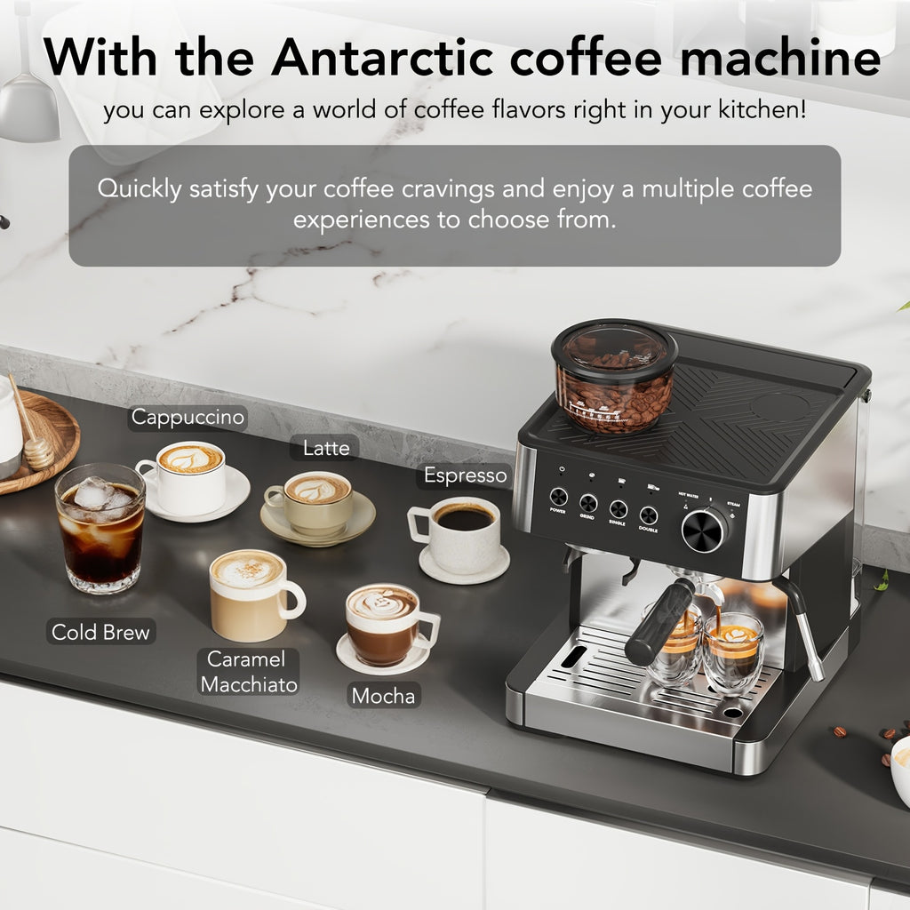 All-In-One Espresso Machine With Built-In Grinder, 15-Bar Pressure, Steam Milk Frother Wand, Cappuccino & Espresso Maker With Hot Water Dispenser