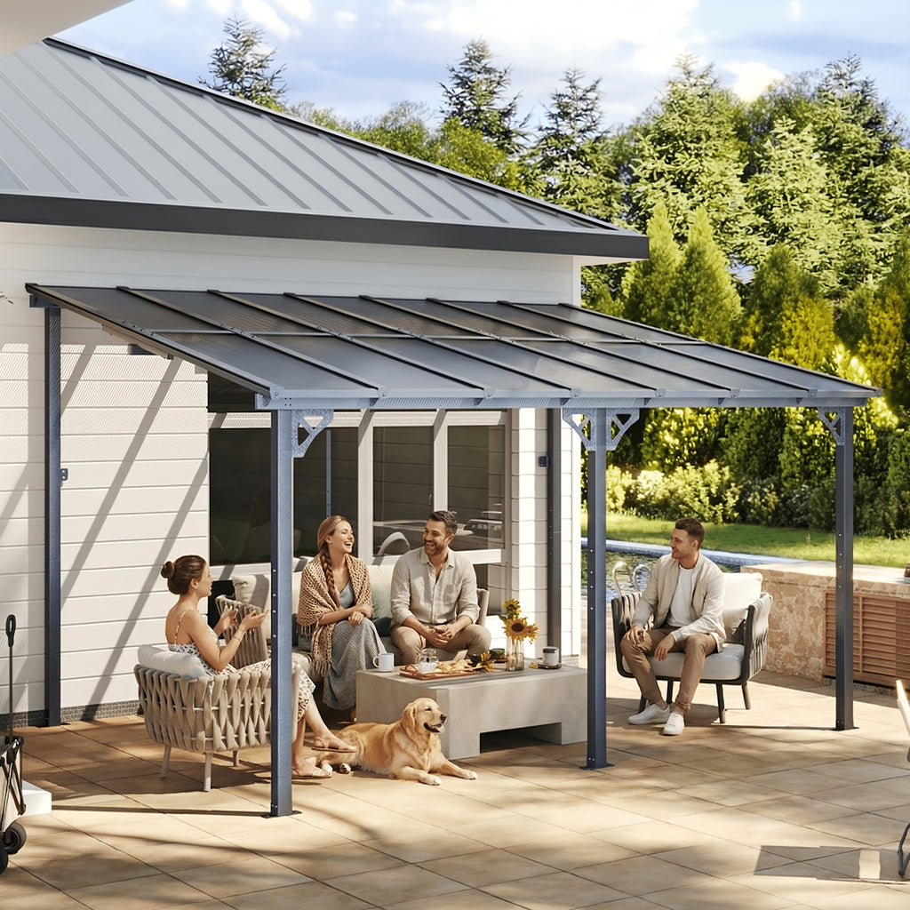 Wall-Mounted Hardtop Gazebo with Polycarbonate Roof — Lean-To Aluminum Patio Cover in Five Size Options