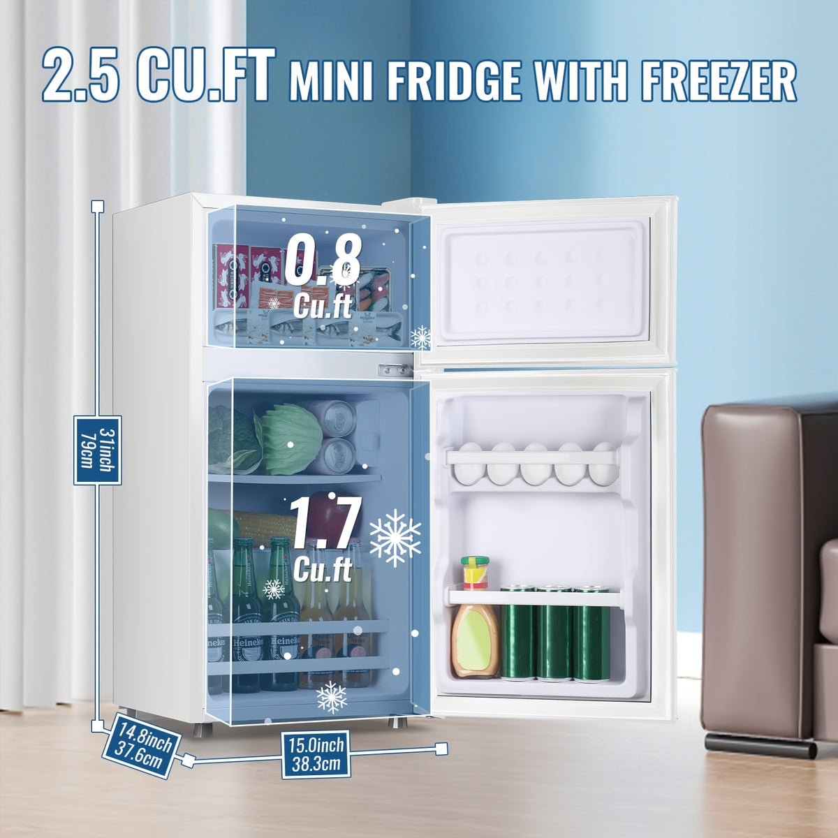3.5/2.5 Cu.ft Small Fridge With Freezer 2-Door Compact Refrigerator 7-Level Adjustable Thermostat, Removable Shelves And Bakset, Perfect For Dorm, Office, RV, Bedroom, White