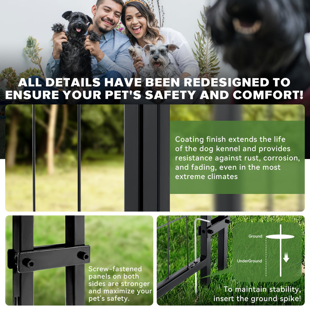 Heavy Duty Outdoor Dog Kennel for Large Dogs - Welded Steel Wire Playpen with Secure Lock, Waterproof Roof Cover & 2 Rotating Bowls, Easy to Assemble, Perfect for Small/Medium/Large Dogs