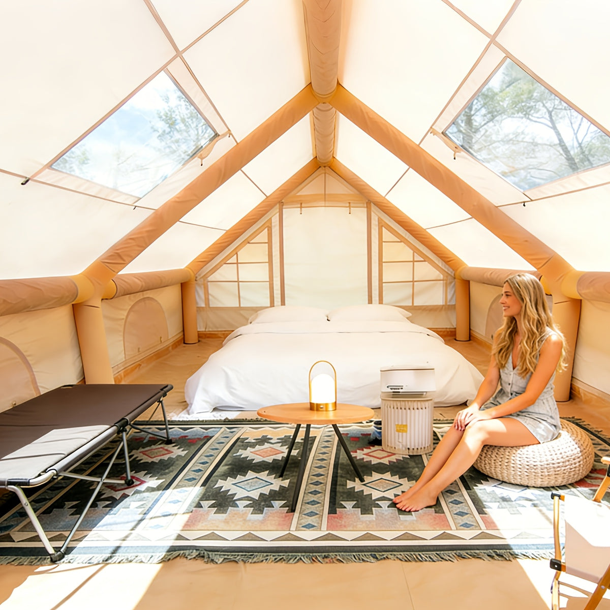 Inflatable Camping Tent（Optional: Skylight, Stove Jack） for 4-6 Person,4 Season Camping Tent, Large Luxury Air Tent with Manual Pump, Easy Setup Portable Glamping House, High Quality Windproof Family Outdoor Shelter Best Valentine's Day Gifts