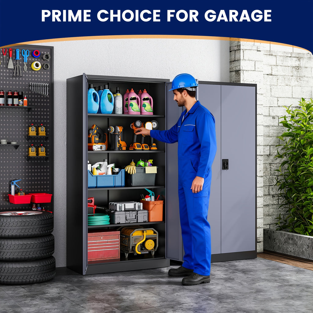 75-Inch Garage Storage Unit: Features 2 Doors, Wheels, 4 Adjustable Shelves, And a Lock. Ideal for Workshops, Homes, Or Offices. Sturdy And Easy to Move