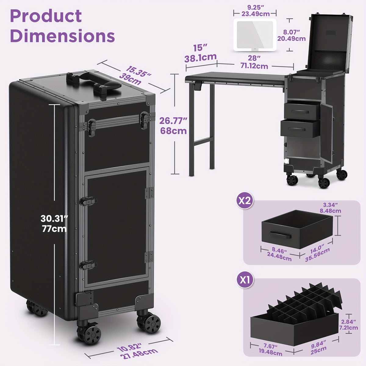 [Portable Foldable Nail Desk] Rolling Portable Manicure Table With Drawers, Mirror And Nail Polish Organizer, Lockable Makeup Train Case, Foldable Nail Desk, Bonus 3pcs Eyebrow Razors