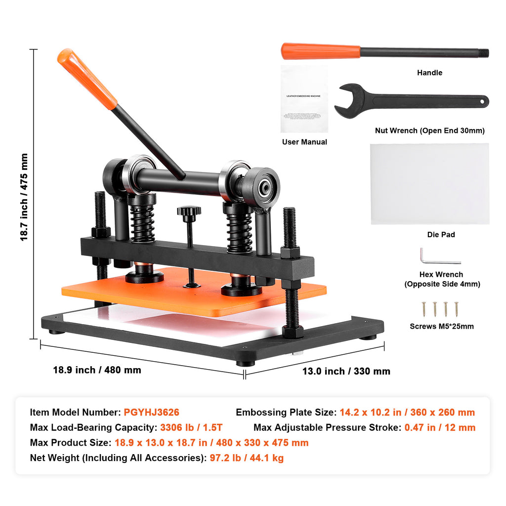 VEVOR Leather Cutting Machine, 10.2 x 4.7/10.2 x 5.9/14.2 x 10.2 in Embossing Plate Manual Die Cutter, 0.47 in Pressure Stroke Leather Embossing Machine, Dual Guide Shafts Die Cut Machine for Various of Materials
