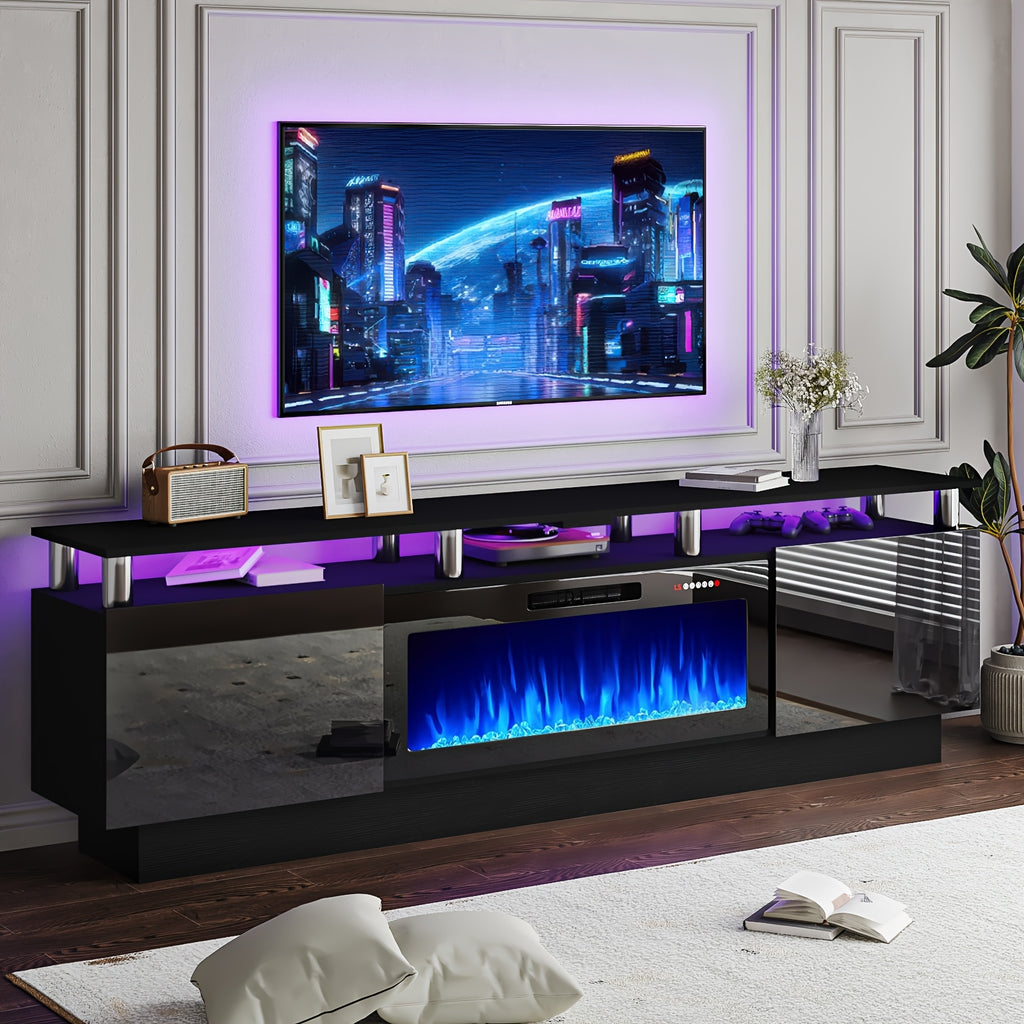 80 Inch LED Entertainment Center with 36 Inch Fireplace, for TVs Up to 90 Inches, Modern Wood TV Cabinet with High-gloss Storage, TV Stand with LED Light Strip Fireplace for Living Room