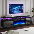 80 Inch LED Entertainment Center with 36 Inch Fireplace, for TVs Up to 90 Inches, Modern Wood TV Cabinet with High-gloss Storage, TV Stand with LED Light Strip Fireplace for Living Room