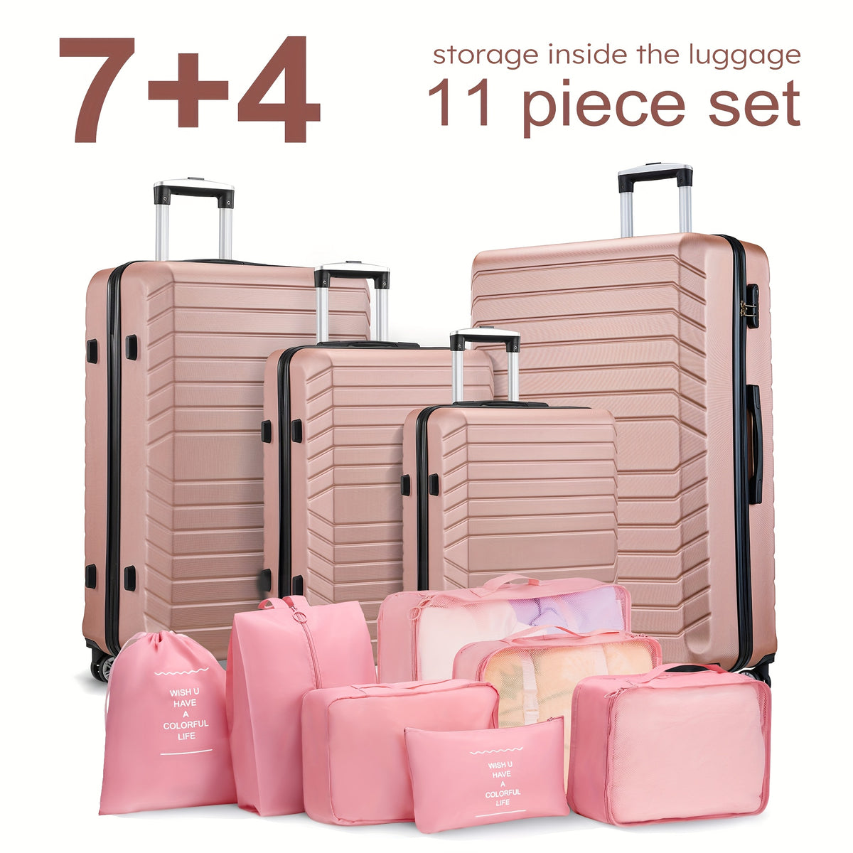 11pcs Luggage Set (4suitcases+7storage Bags) Large Capacity Luggage with Telescopic Handle Thick ABS Durable Hardshell with Dual 360°Swivel Wheels (20+24+28+32) Inch Suitcases