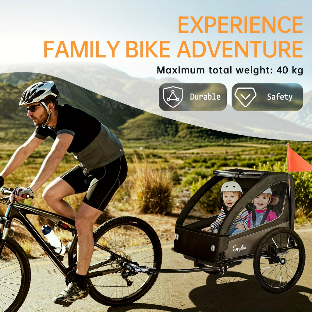 2in 1 Kids Bike Trailer And Stroller with Suspension Bike Trailer for 1 to 2 Children, Jogging Function, Foldable, 5-Point Harness, Spacious Storage, with Bug Screen And Weather Shield