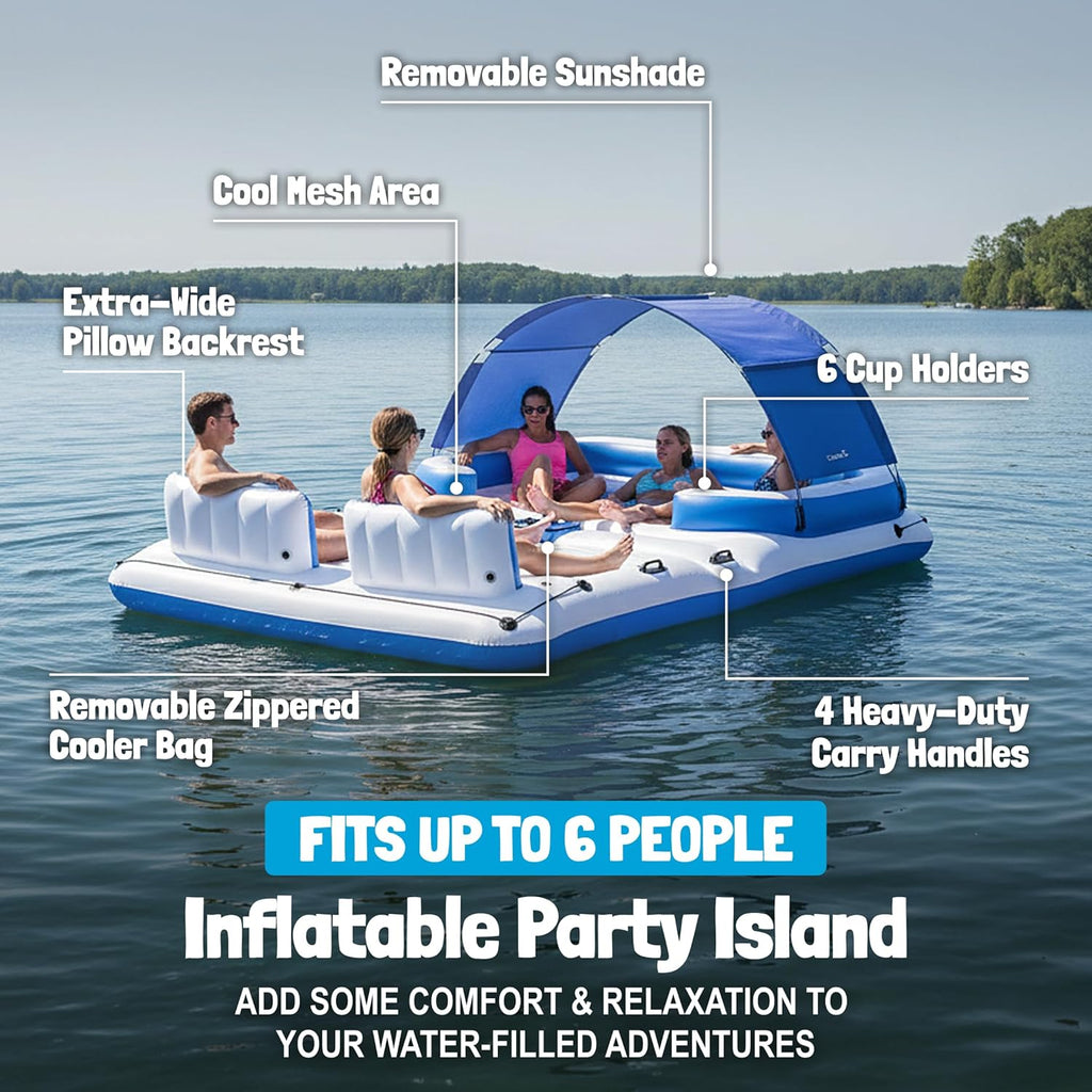 Bestway Hydro-Force Tropical Breeze 6 Person Inflatable Party Island Water Float Lounger with 6 Cup Holders, Backrests, and Detachable Sun Shade