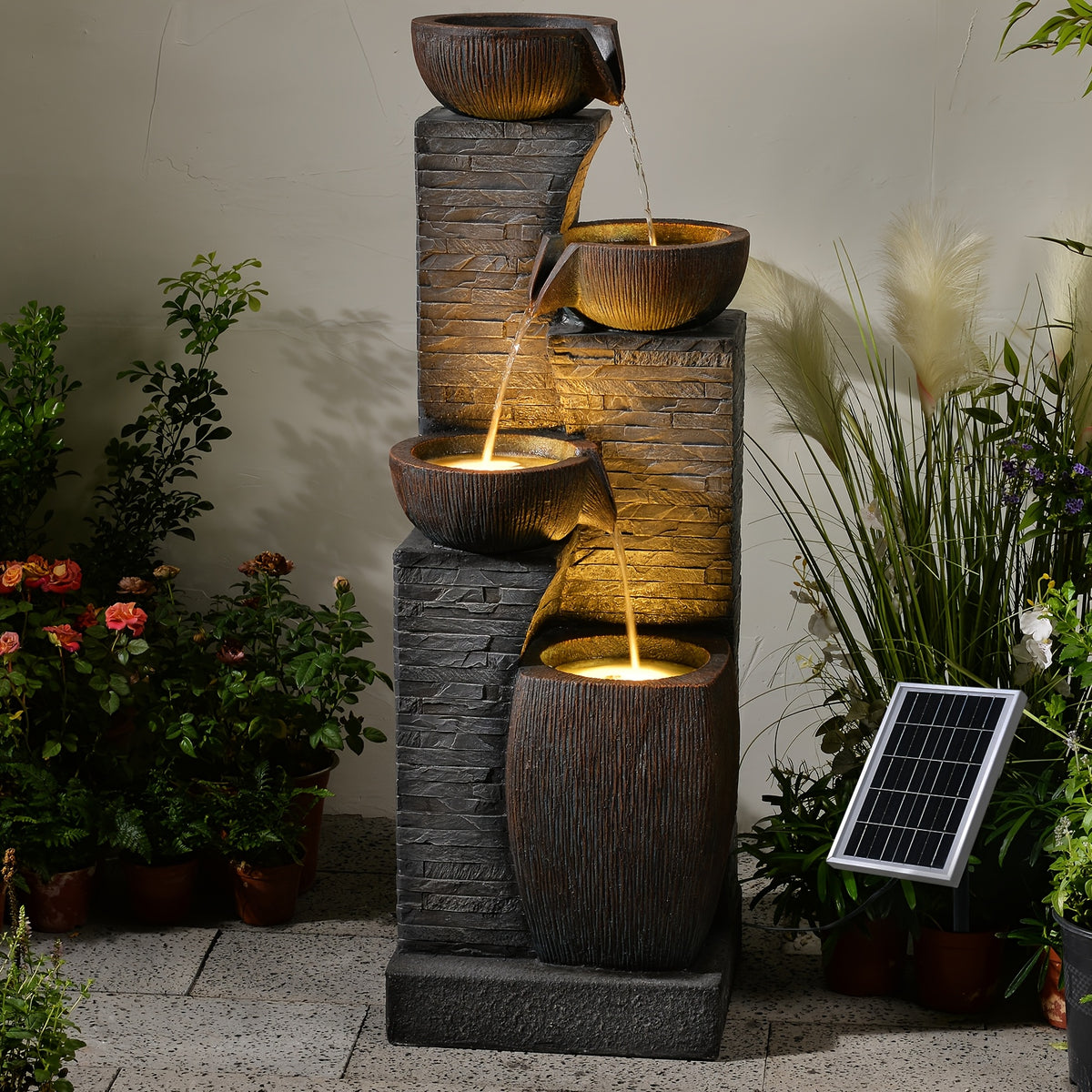 Solar Outdoor Water Fountain, 38.2-Inch 4-Tier Cascading Bowls and Stacked Stones with LED Lights