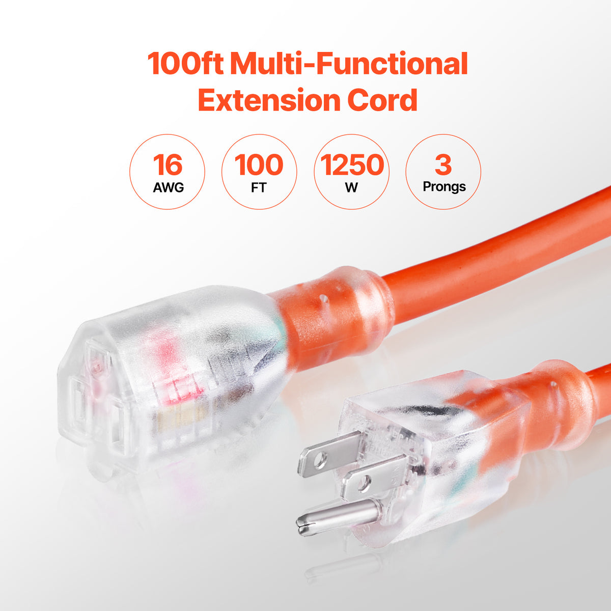 VEVOR 100FT Heavy Duty Extension Cord 16/12AWG 10/15A 1250W/1875W 3 Prongs with Lighted End