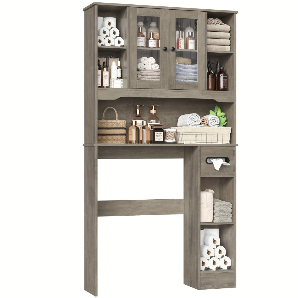 Storage Cabinet for Above The Toilet, Featuring Glass Doors And a Paper Holder, Designed As a Bathroom Shelf to Save Space in Restrooms And Laundry Areas