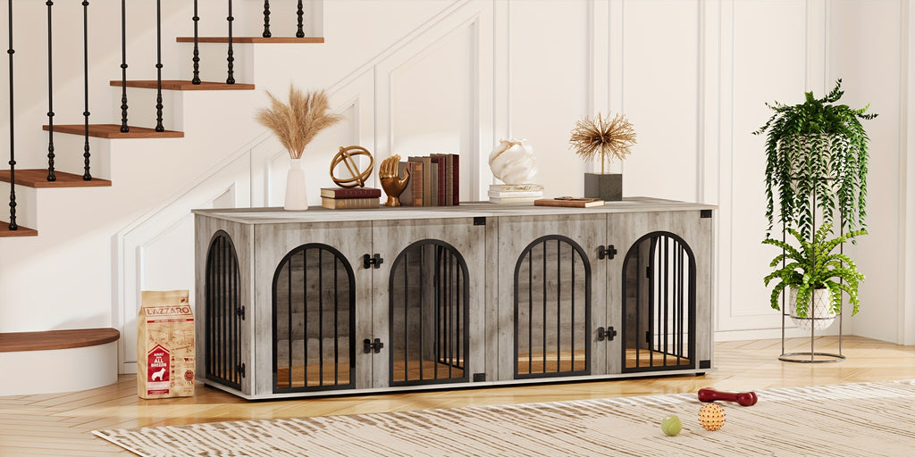 71" Heavy Duty Dog Kennels | Wooden Dog Crate Furniture for 2 Dogs, Small/Medium/Large, with Divider, Pads, Side Table, TV Cabinet, Anti-Chew, Anti-Escape, Black Golden/Greige/White/White Brown - HZUANERI