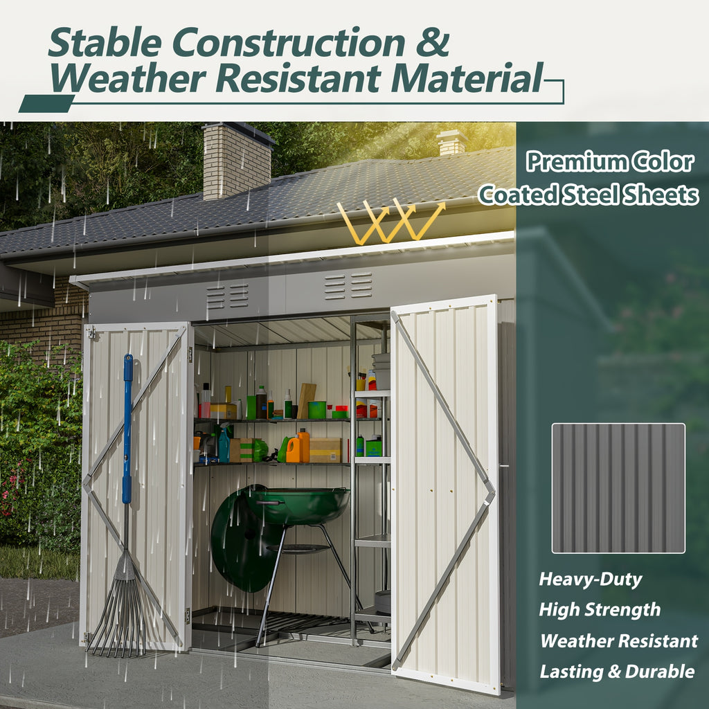 Outdoor Metal Storage Shed, 8' x 4' Gray Backyard Organizer with Lockable Door and Floor Frame