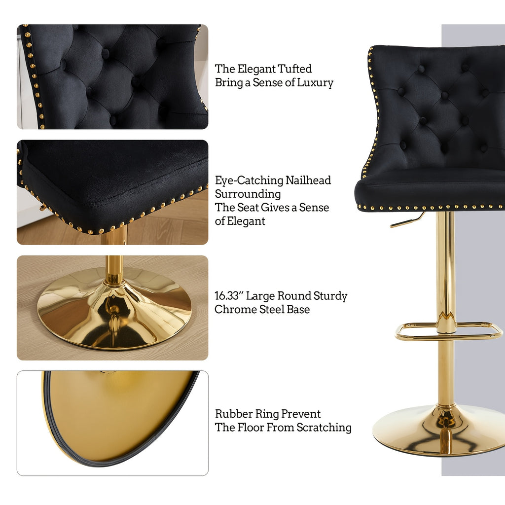 DMKAI Golden Lion Head Velvet Bar Stools Set Of 2, Luxury Diamond Tufted High Back, Adjustable Height 360° Swivel with Golden Base for Kitchen Island Home Bar
