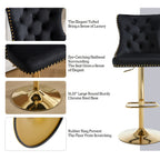 DMKAI Golden Lion Head Velvet Bar Stools Set Of 2, Luxury Diamond Tufted High Back, Adjustable Height 360° Swivel with Golden Base for Kitchen Island Home Bar