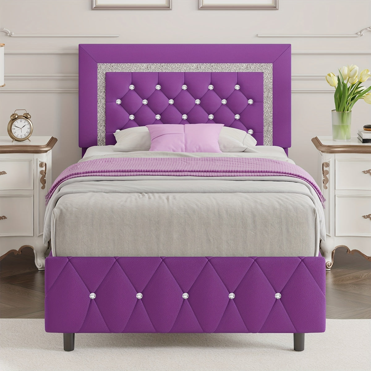 4ever2buy Twin Full Queen King Platform Bed Frame with Upholstered Diamond Headboard, Mattress Foundation with Strong Wooden Slats Support, No Box Spring Needed, Easy Assembly, Valentine's Day Gifts, Pearlized White, Black, Pink, Green, Grey, Beige