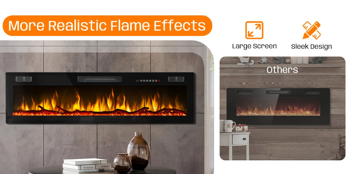 50/60/68/72 Inch Electric Fireplace, Recessed And Wall Mounted Fireplace, Fireplace Heater with Remote Control, Linear, Ultra-Thin Fireplace Heater with 12 Adjustable Flame Color, Log & Crystal Options, 750/1500W