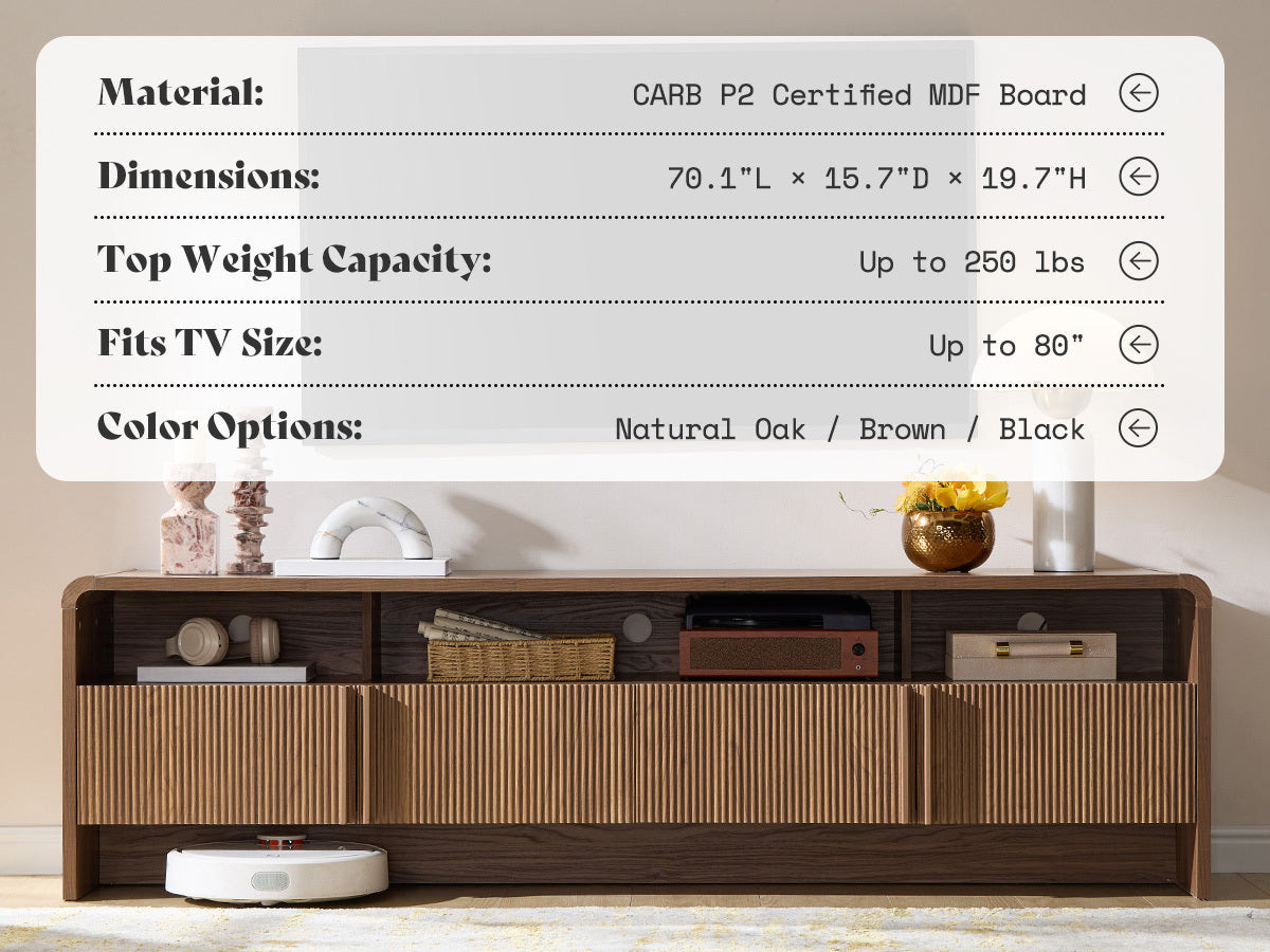 70 inch Fluted TV Console | Modern Wood Entertainment Media Console for TVs up to 80", with Storage Cabinets, by LUXOAK