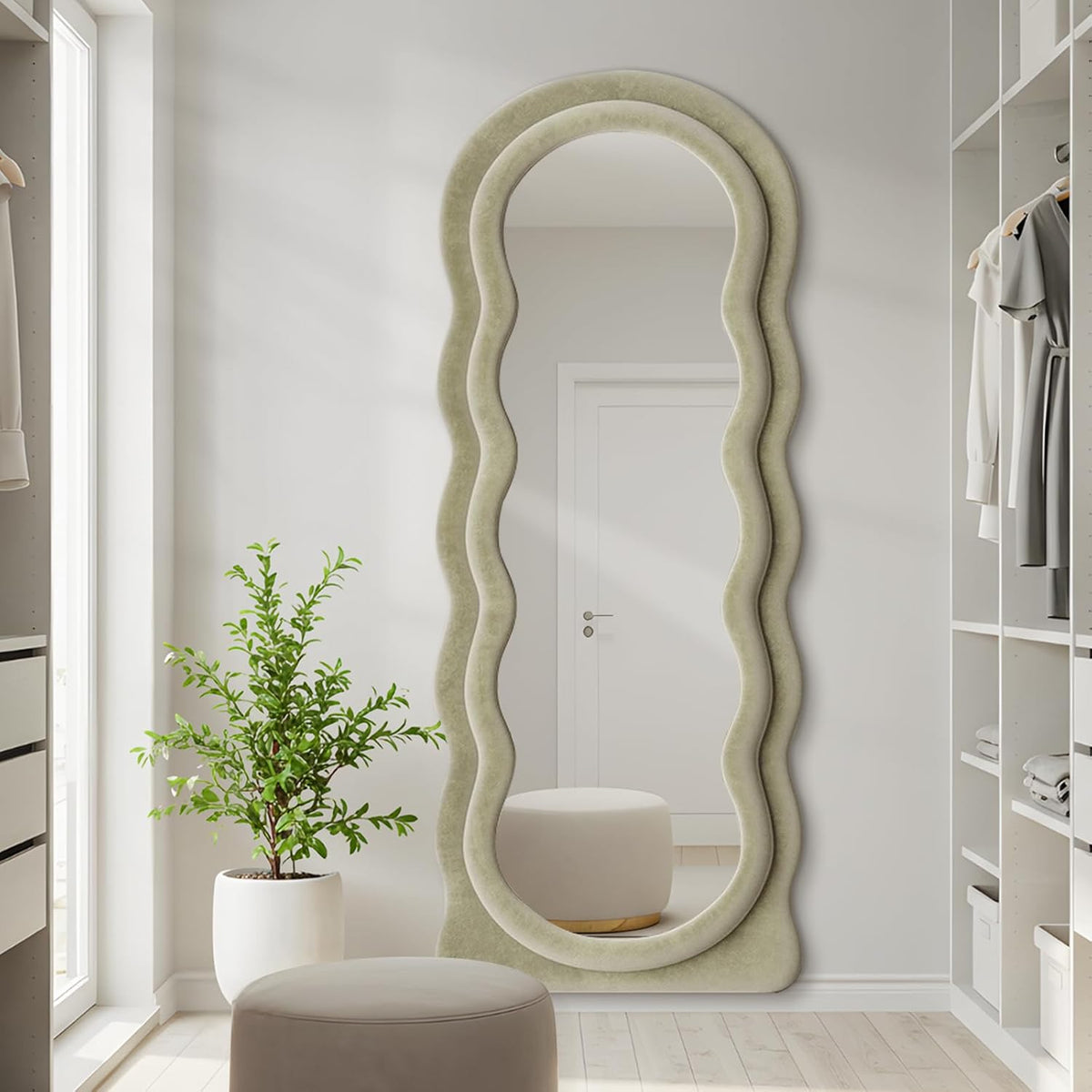 63"x24" Large Arched Full Body Mirror with Hot Pink Flannel Wrapped Frame & Stable Stand - Contemporary Floor Standing or Wall-Mounted/Leaning Mirror for Bedroom, Dressing Room, Entryway - No Electrical Required, Durable Construction