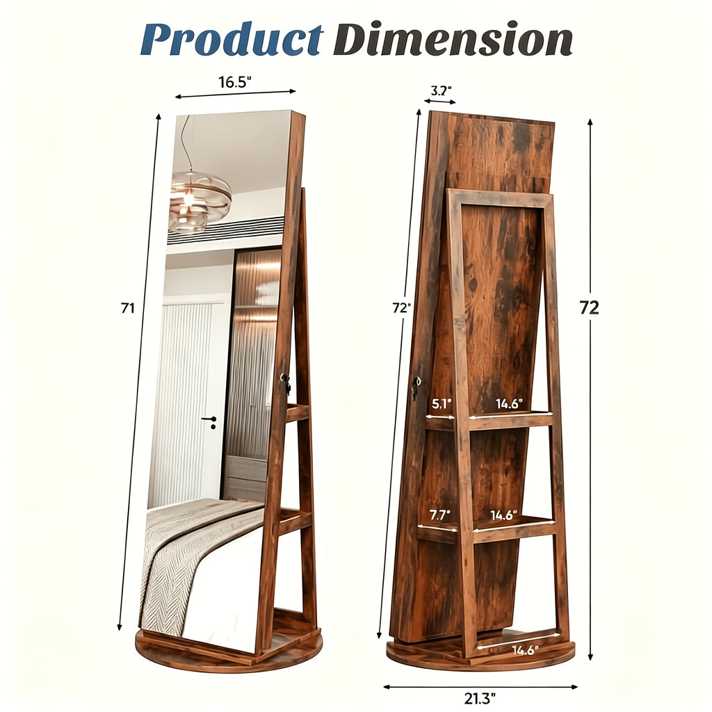6 LED Jewelry Cabinet with Frameless Full-Length Mirror, 360° Swivel Lockable Organizer Standing Armoire, 3 Storage Shelves, Jewelry Armoires