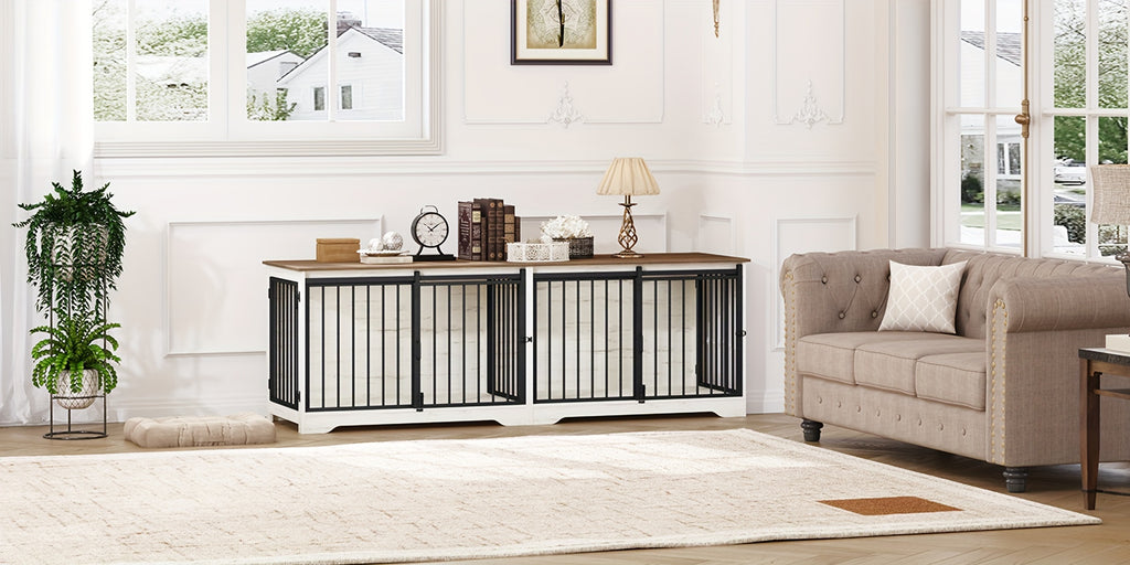 78" Dog Crate Furniture with Divider, Dog Crate Barn Door, Dog Kennel Indoor, Wood Dog Crate for 2 Dogs Small/Medium/Large Dog, End Side Table, Anti-Chew Anti-Escape