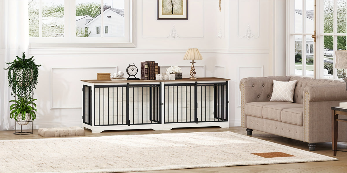 78" Dog Crate Furniture with Divider, Dog Crate Barn Door, Dog Kennel Indoor, Wood Dog Crate for 2 Dogs Small/Medium/Large Dog, End Side Table, Anti-Chew Anti-Escape