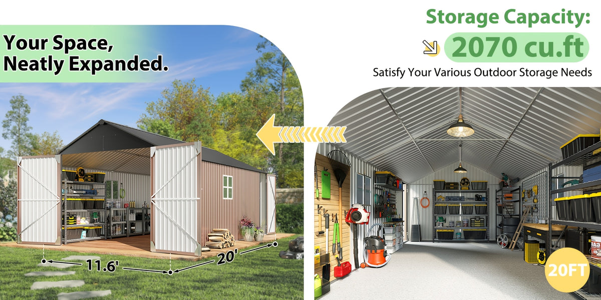 ULSMVOC 12X20X9.3/10X12/6X4 FT Metal Storage Shed - Outdoor Garden Shed Kit, Lockable Tool Shed, Backyard Shed with Double Hinged Doors, 4 Windows, Carport for Car, Truck, Bike And Lawn Mower & Equipment, Brown