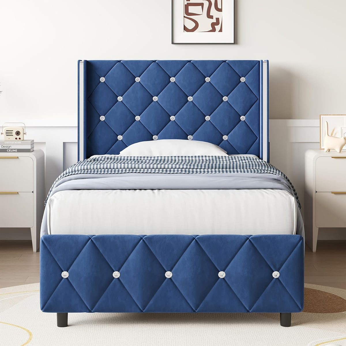 Twin Full Queen King Size Bed Frame, Upholstered Bed Frame with Diamond Tufted Headboard, Modern Silvery Side Wing Back, No Box Spring Needed, Easy Assembly, Purple, Black, Blue, Green, Pink, White