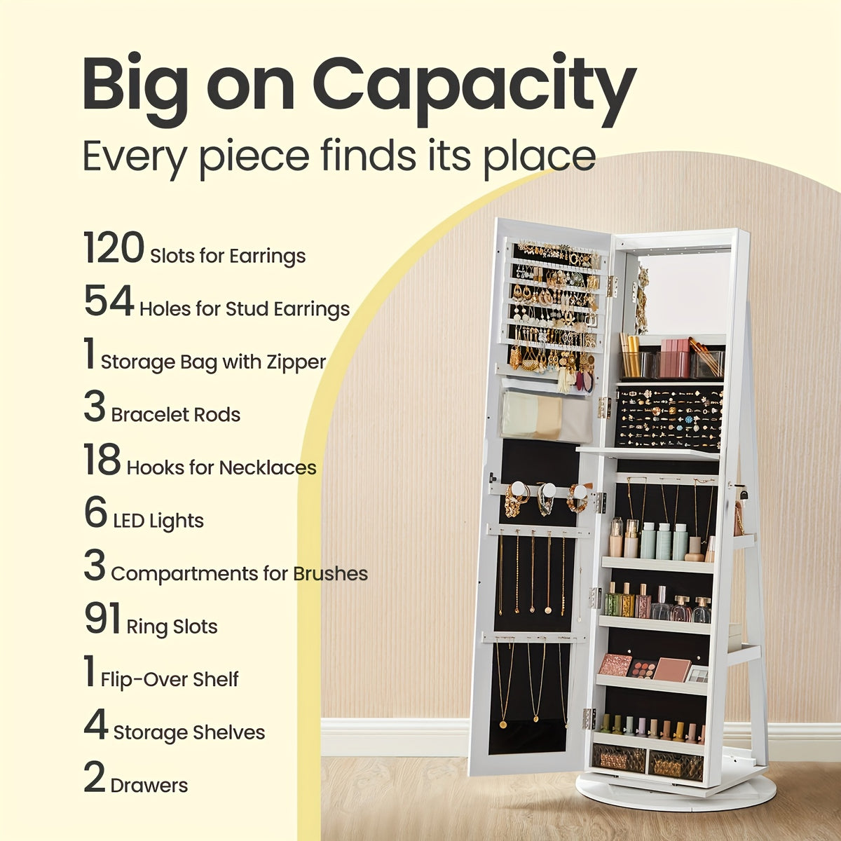 6 LEDs Lockable Mirror Jewelry Cabinet, 360° Swivel Jewelry Organizer Armoire Standing, Frameless Full-Length Mirror, 3 Storage Shelves, Christmas Gifts, Jewelry Armoires