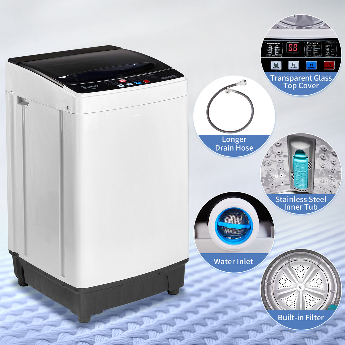 Full Automatic Washing Machine, 15.6/17.6/17.8/25Lbs Top Load Portable Washer with Drain Pump, 10 Wash Programs 8 Water Level Washer and Dryer Combo, 2 in 1 Washer and Dryer for Apartments, RV, Camping