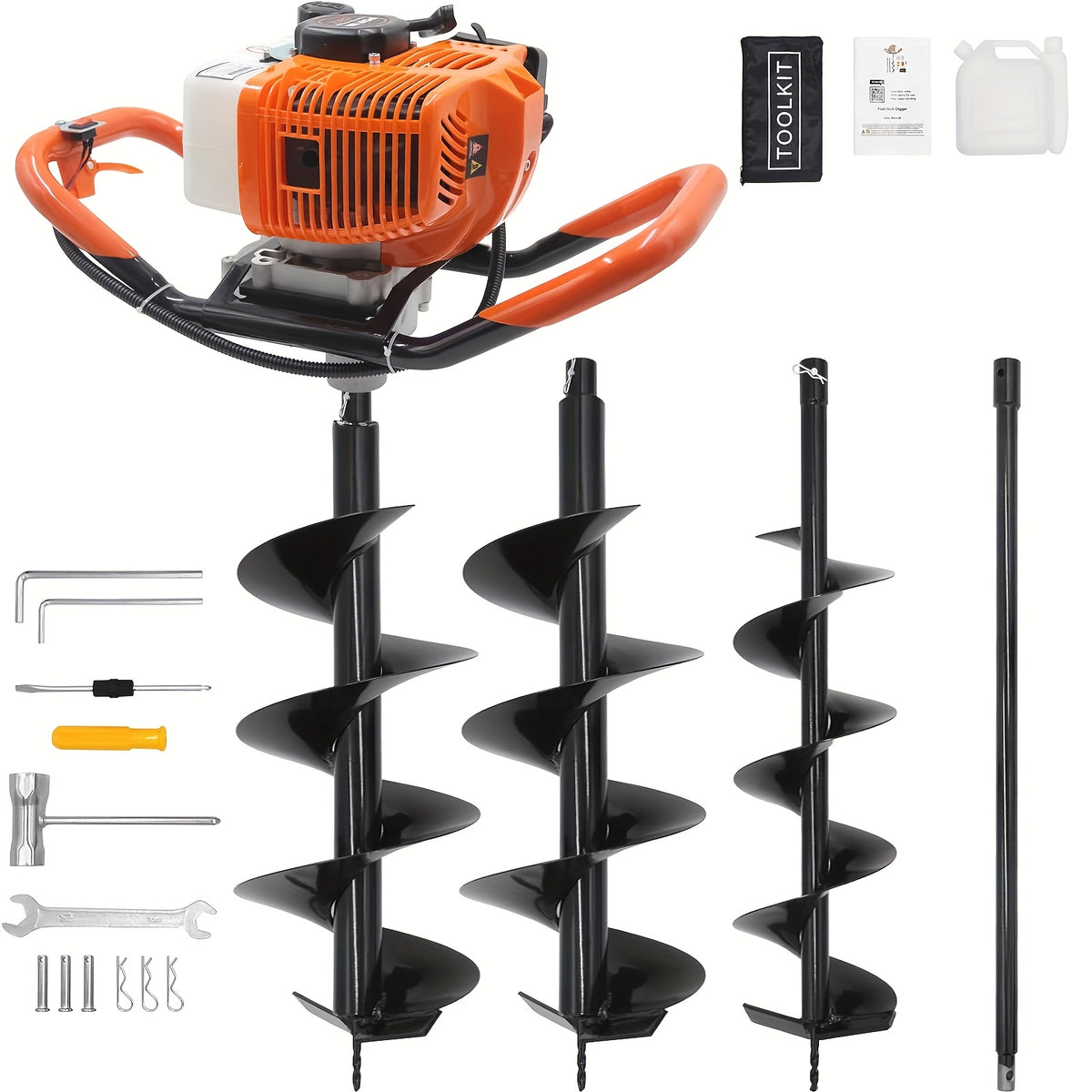 62CC Auger Post Hole Digger, a Gas-Powered Earth Post Hole Digger with 2 Auger Drill Bits (6" & 8") And 1 Extension Rod for Farming And Gardening, in Orange Color (62CC)