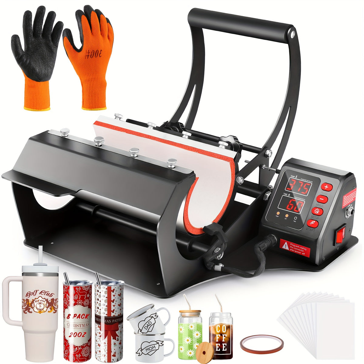 Tumbler Heat Press Machine, Mug Cup Press Heat Up Fast & Even for 12oz-30oz Sublimation Blank Skinny Tumbler with Heat Tape Gloves & Adjustable Sleeves Transfer Sublimation for Easy  Cylindrical