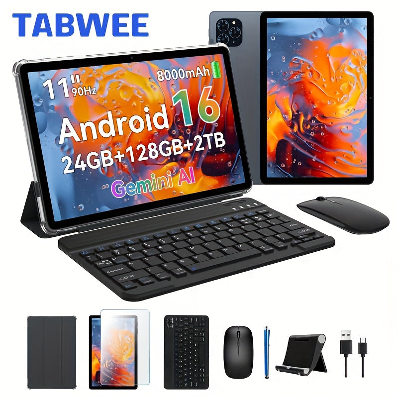 TABWEE T90 Android 16 New 2025 Tablet, 11-inch FHD Large Screen+1200x1920 IPS Display, Octa-Core High-Performance CPU, 24(8+16)GB RAM +128GB ROM(2TB Expand), 3MP+5MP Camaras/Face ID, 8000mAh Long Battery Life, Support Widevine L1, Gemini AI, And 90Hz