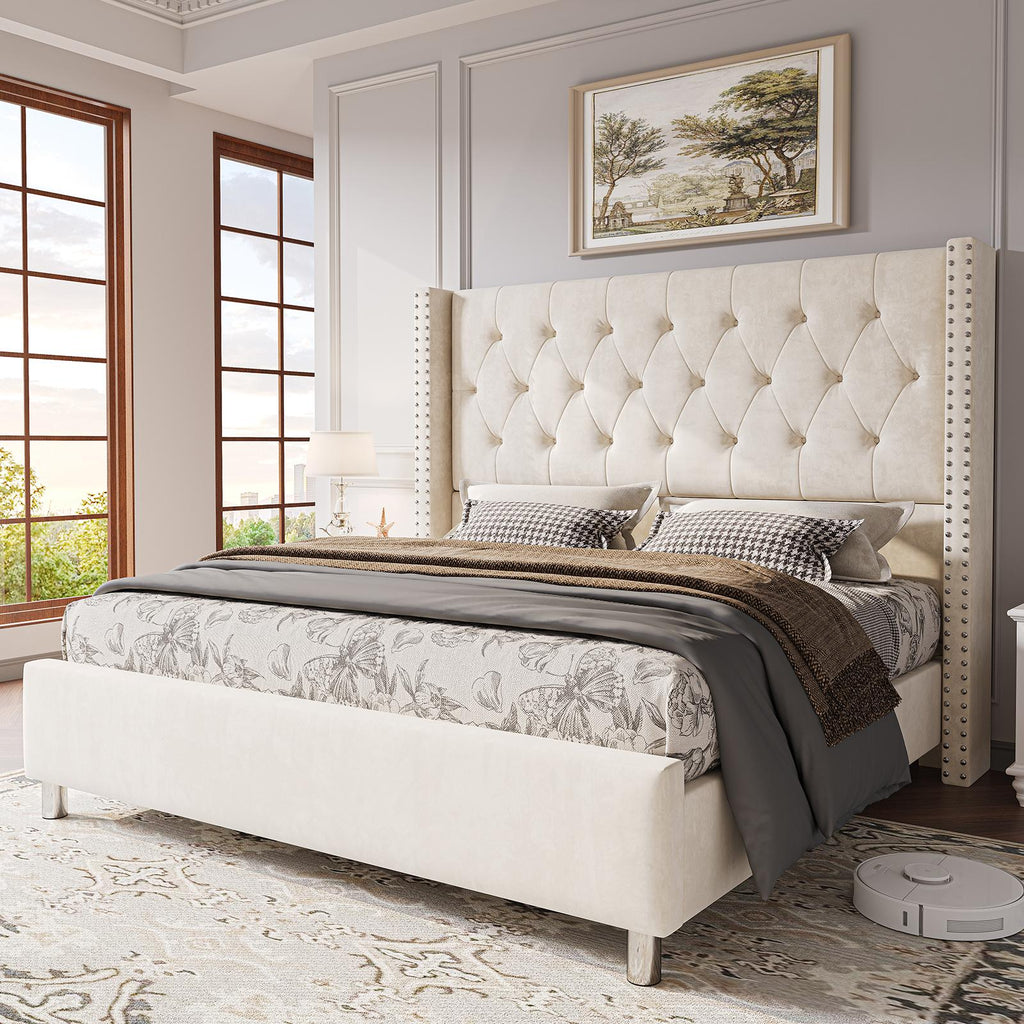 ALBOTT Upholstered Platform Bed Frame with 50 Inch Velvet Wingback Headboard, Button Tufted and Nailhead Trim, No Box Spring Needed, Easy Assembly