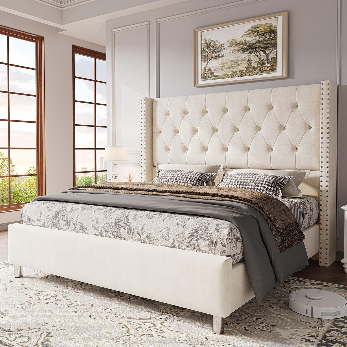 ALBOTT Upholstered Platform Bed Frame with 50 Inch Velvet Wingback Headboard, Button Tufted and Nailhead Trim, No Box Spring Needed, Easy Assembly