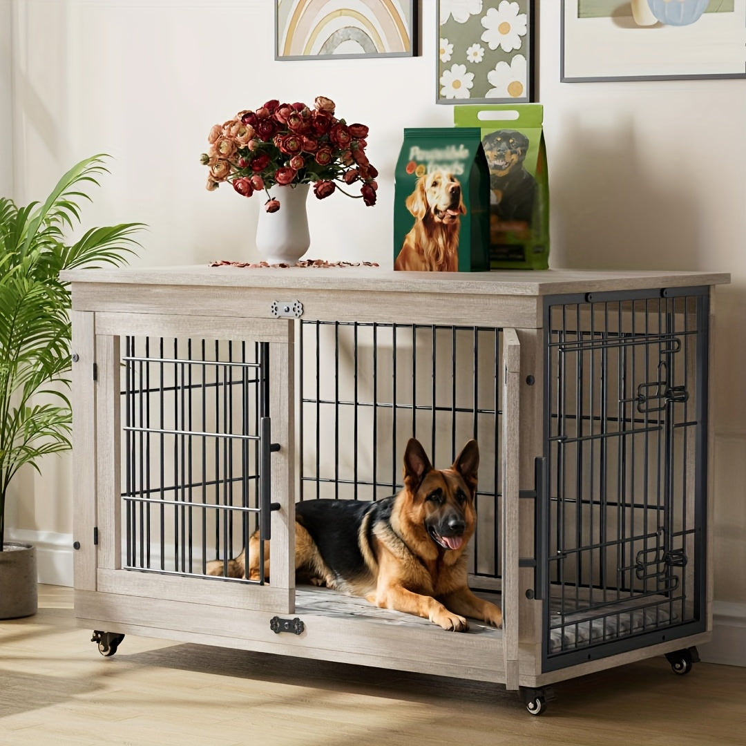 43/36/29/27in Furniture-style Wooden Dog Crate with Anti-Slip Mat, Adjustable Door, Secure Lock, Available In Gray/Brown, Easy to Move with Wheels Or Stable with Anti-Slip Foot Pads, Easy to Clean Pet Cage, Ideal for Home, Living Room Or Bedroom