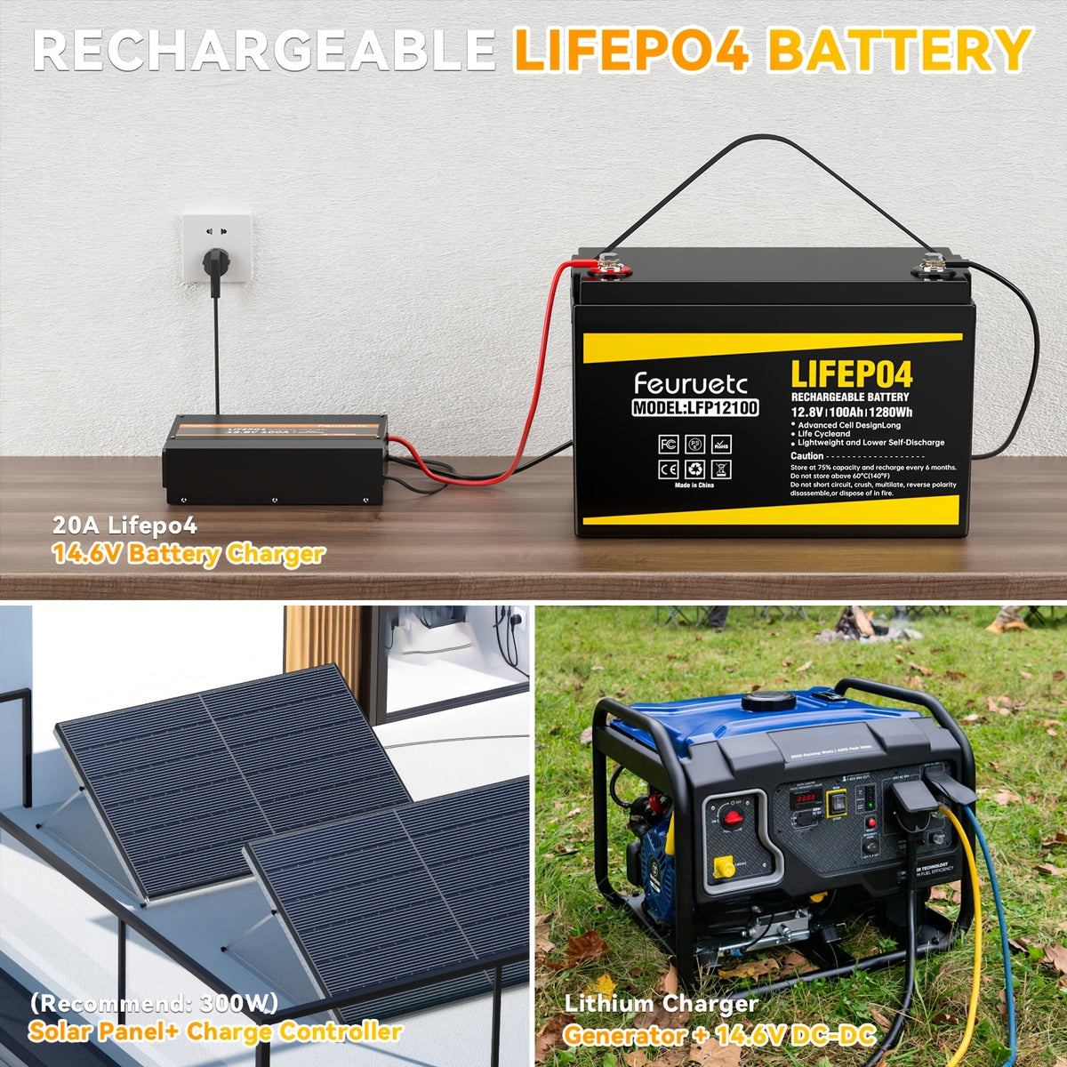 Feuruetc 12V 100Ah LiFePO4 Lithium Battery, Deep Cycle Golf Cart Battery With Built-in 100A BMS, 15000+ Cycles, Perfect Replacement For Lead-Acid, Lightweight & Long-Lasting For RV, Camper, Solar Energy Storage, Off-Grid Power System