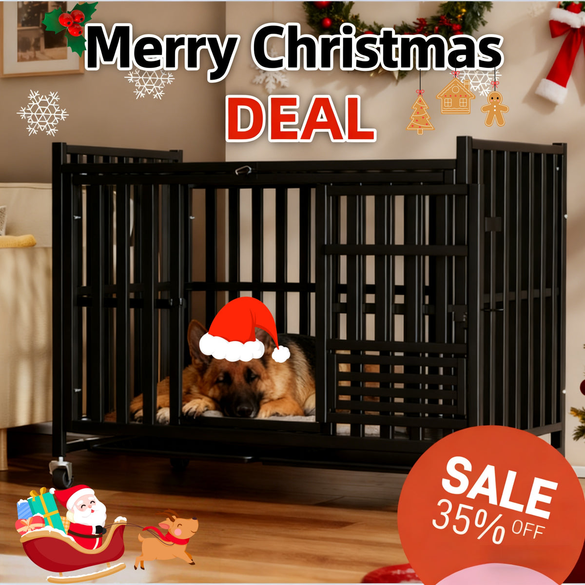 Extra Large Heavy Duty Dog Cage, 43.2 Inch - Indestructible Metal Kennel, Escape-Proof, with Lockable Wheels And Triple Doors, Ideal for High-Anxiety Pets, Indoor/Outdoor Use, High-Anxiety Pet Cage