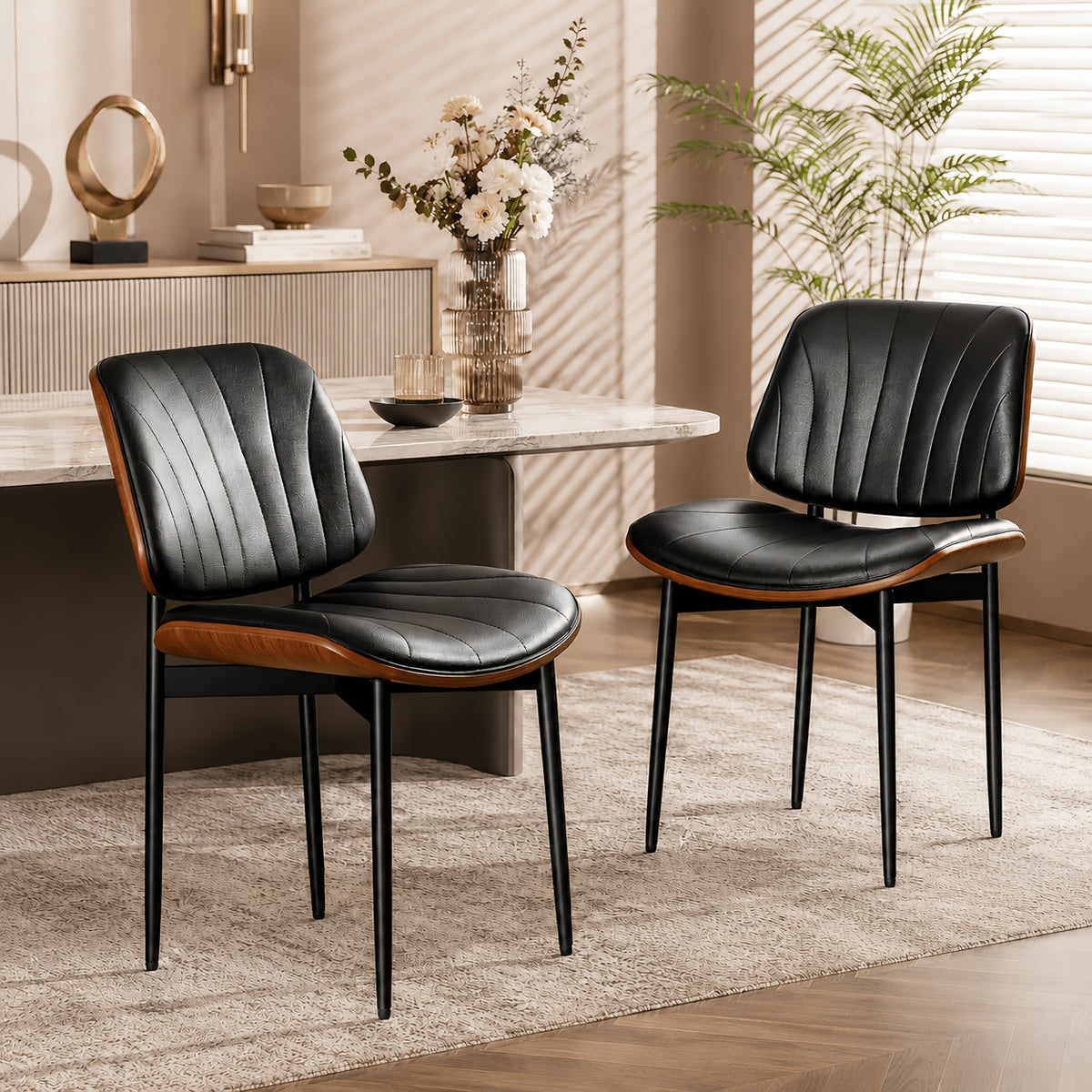 Set Of 2 Modern Faux Leather Dining Chairs, Padded Seat & Backrest, Metal Legs with Adjustable Feet, for Kitchen, Dining Room, Office