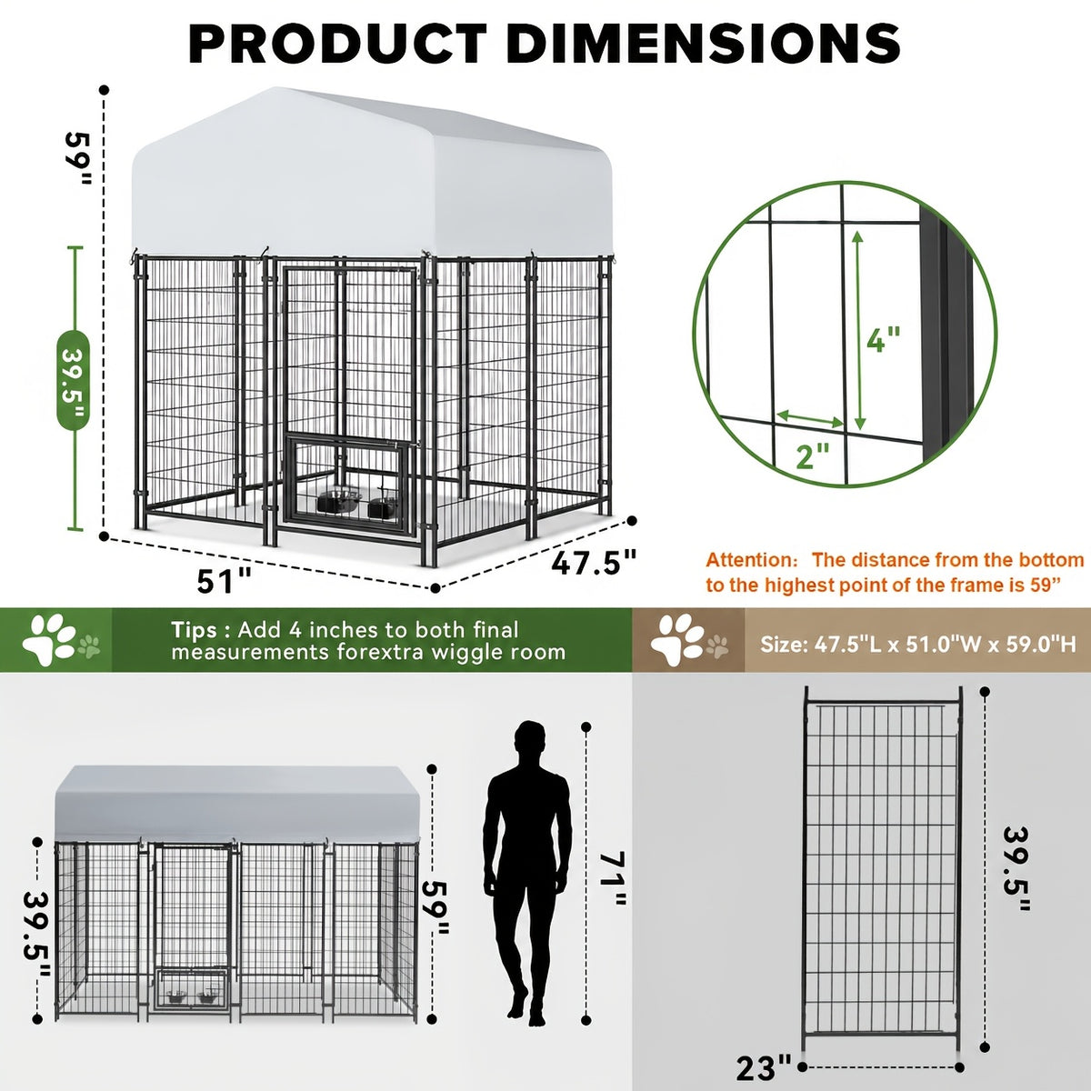 [Heavy Duty Dog Kennel] Oranland 7.8*4.3*5 Heavy Duty Dog Kennel Outdoor For Large Dogs -2025 New Design Space Efficient Welded Steel Playpen With Upgraded Secure Lock & UV-Resistant Roof & 2 Rotating Bowls Small/Medium/Large Dogs)