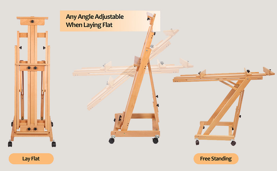 H Frame Easel Multi-Function Studio Easel Solid Beech Wood Easel Adjustable Painting Canvas Holder Stand Tilts Flat Artist Easel with Locking Caster Wheels