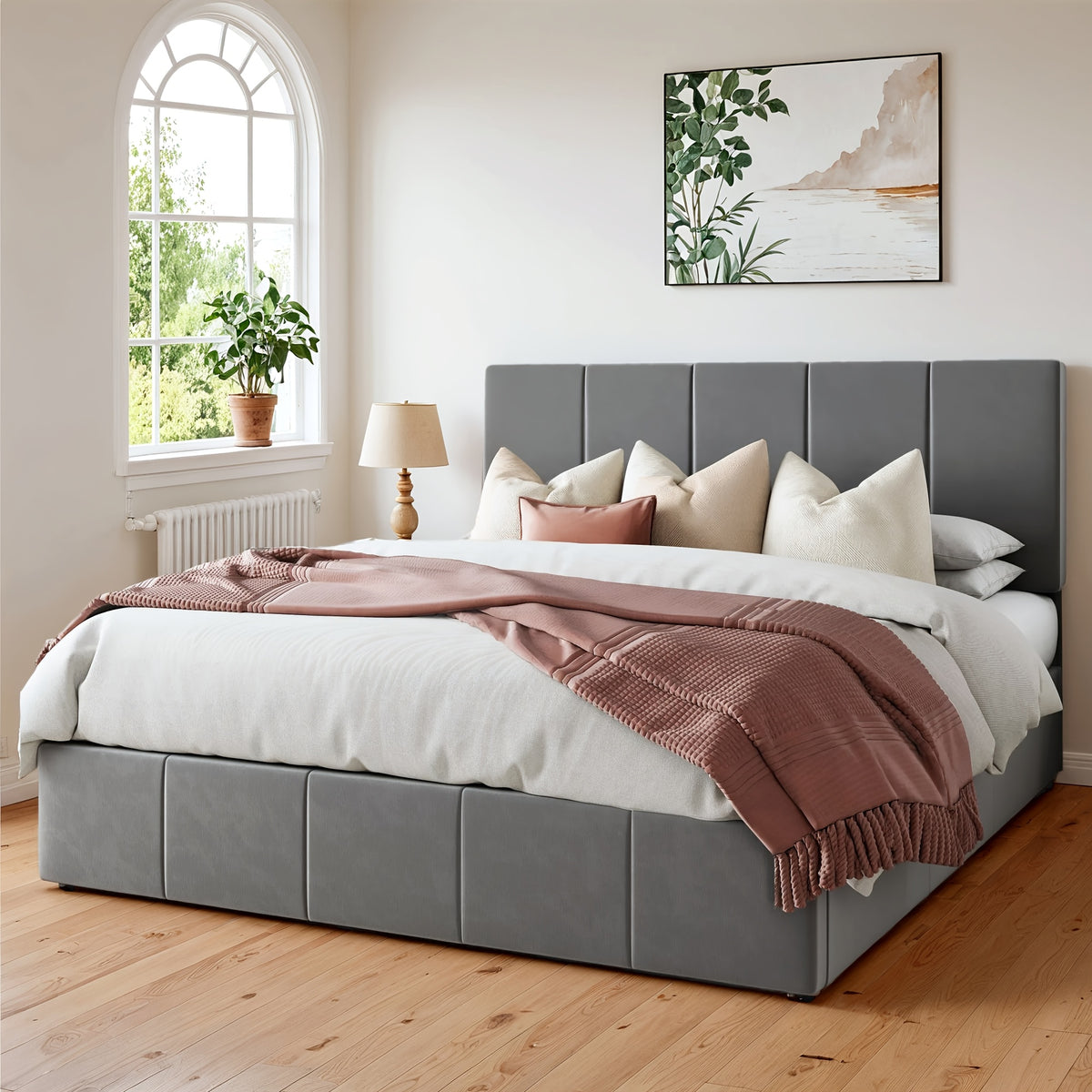 WEEWAY Lift Up Storage Bed, Modern Velvet Upholstered Headboard, Hydraulic Platform Bed, Wooden Slats Support, Heavy Duty Mattress Foundation, No Box Spring Needed, Easy Assembly, Full/Queen/King Size, for House Bedroom Furniture, Free Shipping