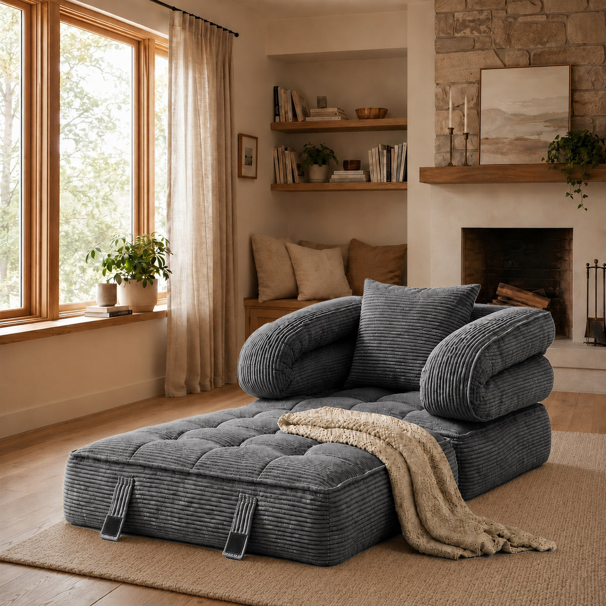 3-in-1 Convertible Folding Sofa Bed, Floor Futon Couch Cloud Shaped Corduroy Upholstered, High-Density Foam Ultra-Soft Comfy Lounge Bean Bag Chair, Versatile Pull-Out Sleeper for Living Room Guest