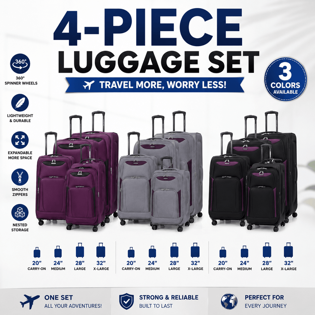 4-Piece Softside Expandable Luggage Set with Spinner Wheels, Lightweight Travel Suitcases with Telescopic Handle, Nested Storage Design