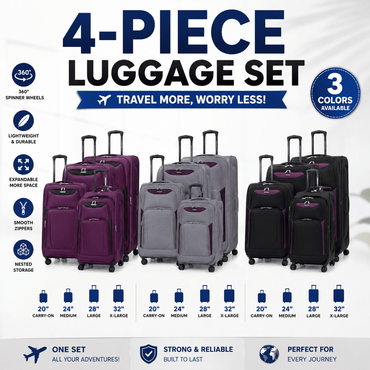 4-Piece Softside Expandable Luggage Set with Spinner Wheels, Lightweight Travel Suitcases with Telescopic Handle, Nested Storage Design