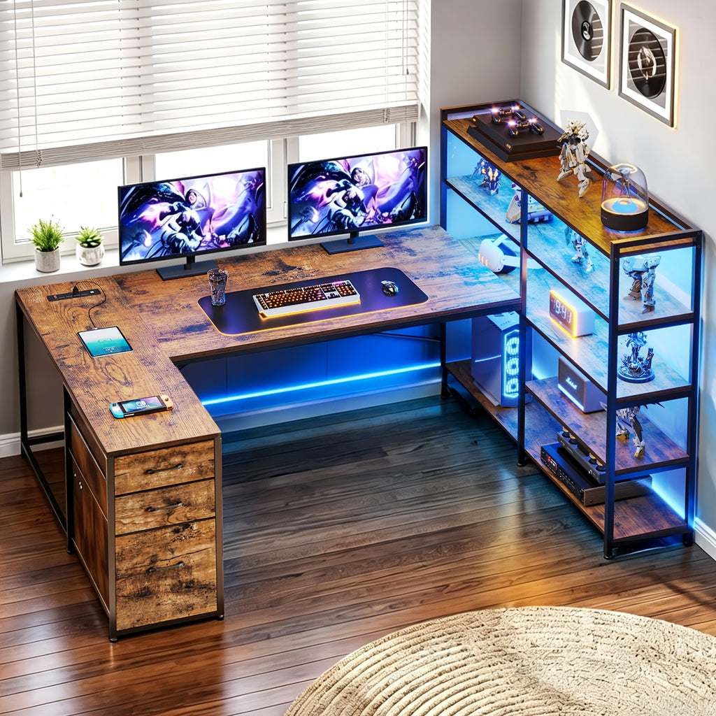 L-Shaped Desk with Storage Shelves, 64.5" Reversible U-Shaped Office Desk with 3 Fabric Drawers, Gaming Desk with Power Outlet & LED Strip, Large PC Workstation for Home Office, Brown/Black/White/Gray