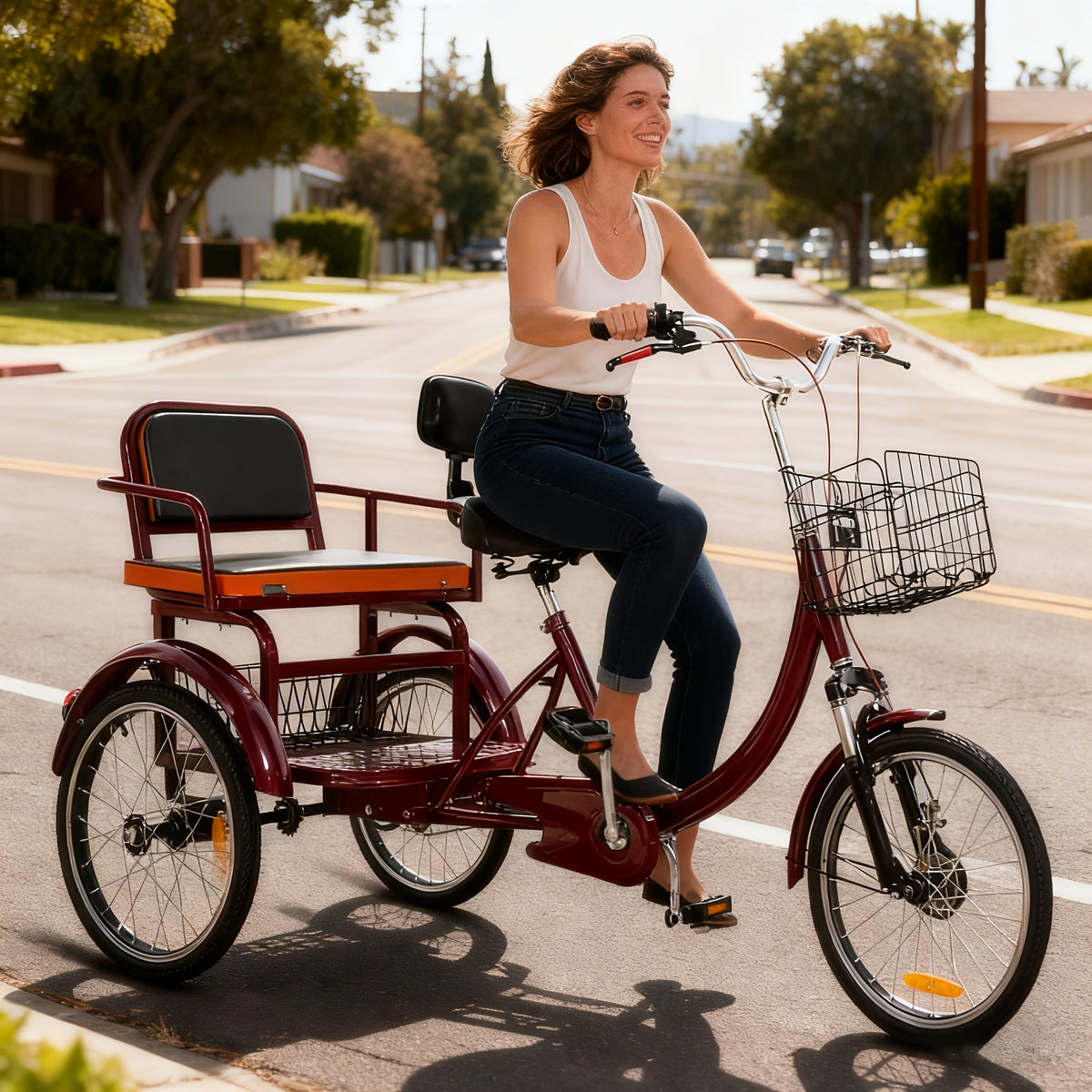Adult Tricycle 20-Inch Cruiser Bike, Low-Step Design with Adjustable Seat and Front/Rear Baskets