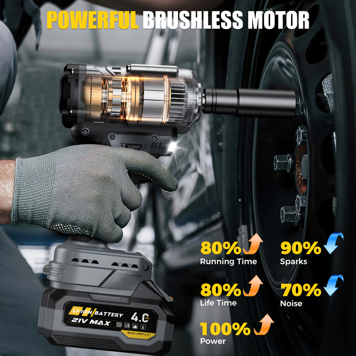 Wireless Impact Wrench, 1300 Nm High-Torque Powerful Wrench 1/2 Impact Gun, 2 4.0Ah Batteries with 21V Max Fast Charging, 5 Sockets, Suitable for Semi-Trailer Tires, Heavy Machinery, Steel Structures